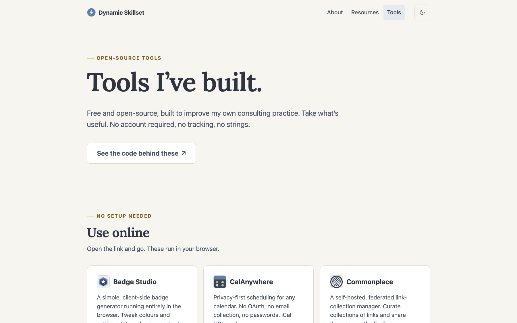 The Dynamic Skillset tools page: Tools I've built
